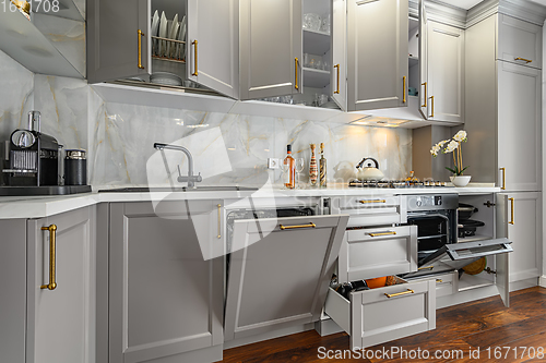 Image of Closeup details of grey and white modern classic kitchen, all doors are open