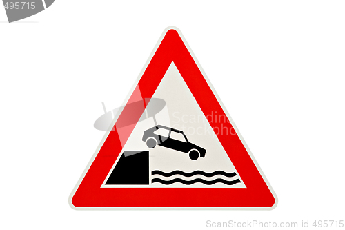 Image of danger sign car falling in water