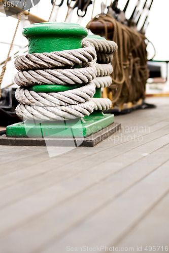 Image of rope on cleat schooner deck