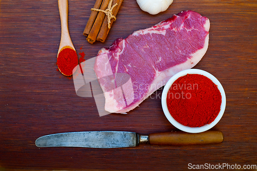 Image of raw uncooked  ribeye beef steak butcher selection