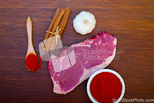 Image of raw uncooked  ribeye beef steak butcher selection