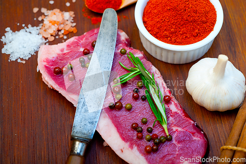 Image of raw uncooked  ribeye beef steak butcher selection