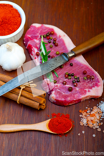 Image of raw uncooked  ribeye beef steak butcher selection