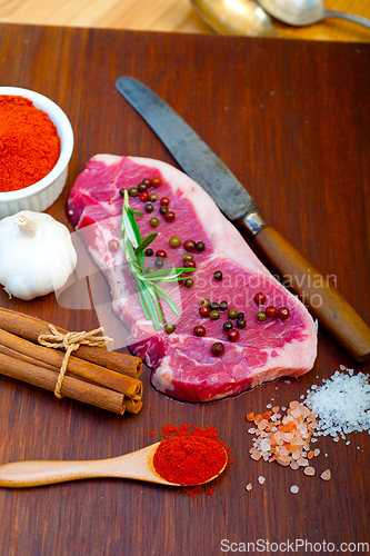 Image of raw uncooked  ribeye beef steak butcher selection