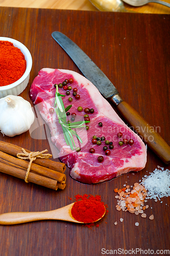 Image of raw uncooked  ribeye beef steak butcher selection