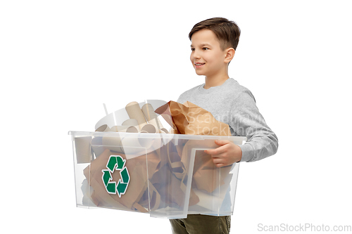 Image of smiling boy sorting paper waste