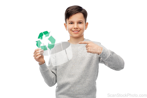 Image of smiling boy showing green recycling sign