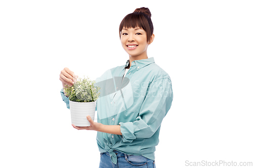 Image of happy smiling asian woman holding flower in pot