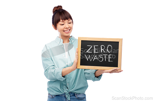 Image of asian woman holds chalkboard with zero waste words