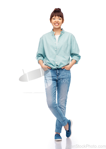 Image of happy asian woman over white background