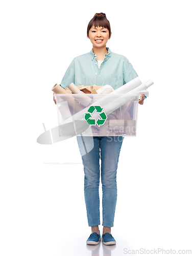 Image of happy smiling asian woman sorting paper waste