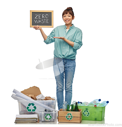 Image of asian woman with zero waste words on chalkboard
