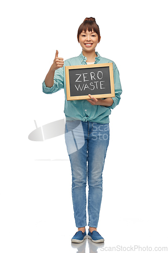 Image of asian woman holds chalkboard with zero waste words