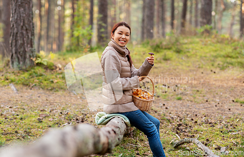 Image of woman with mushrooms in basket in autumn forest