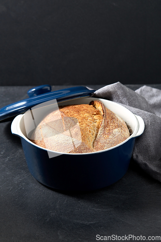 Image of homemade craft bread in ceramic baking dish