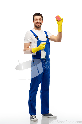 Image of male cleaner cleaning with sponge and detergent