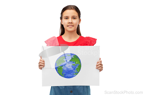 Image of smiling girl holding drawing of earth planet