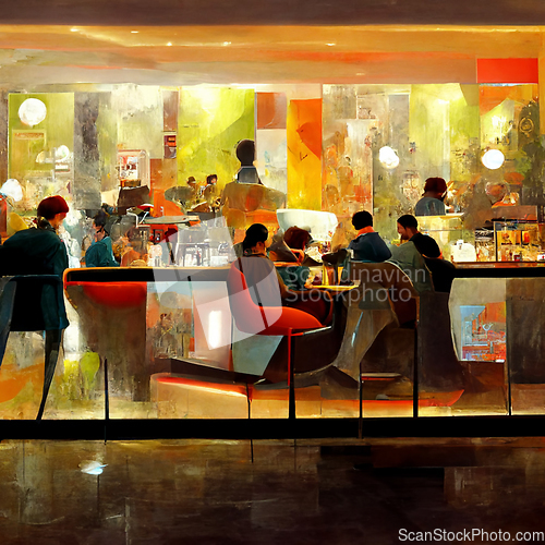 Image of People meeting in cafe, drinking beer in pub, sitting at table o