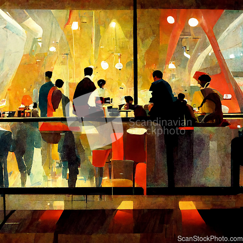 Image of People meeting in cafe, drinking beer in pub, sitting at table o