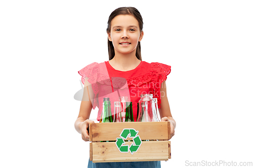 Image of smiling girl with wooden box sorting glass waste