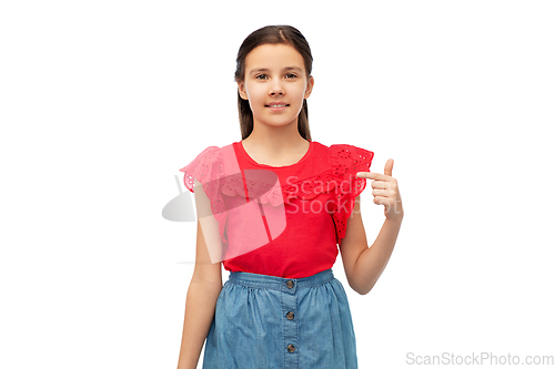 Image of happy smiling girl pointing finger to herself