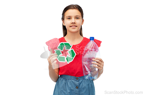 Image of girl with green recycling sign and plastic bottle