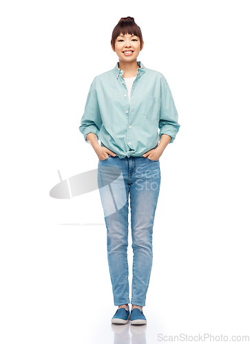 Image of happy asian woman over white background