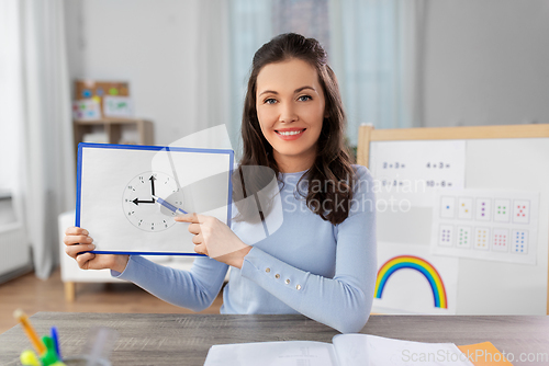 Image of teacher with clock having online class at home