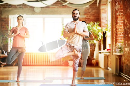 Image of group of people doing yoga tree pose at studio