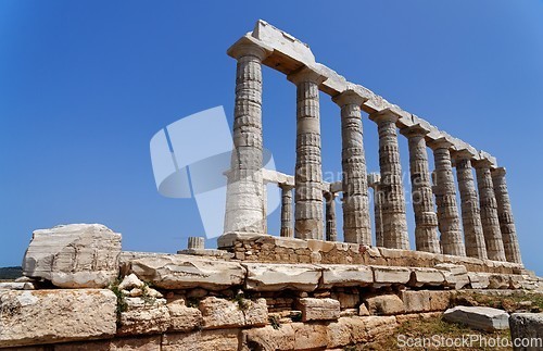 Image of Ruins of the Temple of Poseidon at Cape Sounion near Athens, Greece. c 440 BC