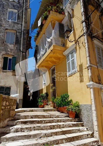 Image of Colorful old house in narrow street in Kerkyra city, Corfu island, Greece