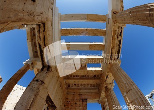 Image of Low angle fisheye view of Propilea (Acropolis entrance), Athens, Greece