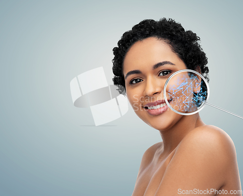 Image of woman and loupe with low poly projection on face