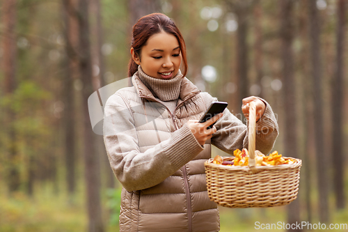 Image of asian woman using smartphone to identify mushroom