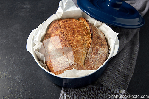 Image of homemade craft bread in ceramic baking dish