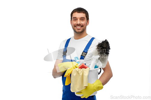 Image of male cleaner in overall with cleaning supplies