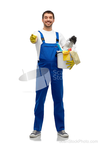 Image of male cleaner in overall with cleaning supplies