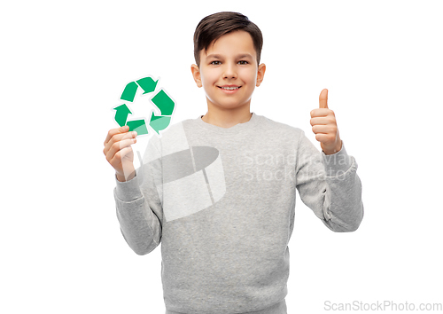 Image of boy with green recycling sign showing thumbs up