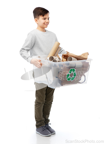 Image of smiling boy sorting paper waste