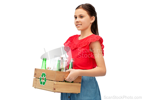 Image of smiling girl with wooden box sorting glass waste