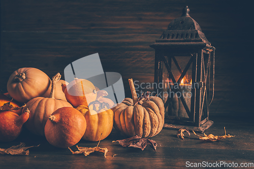 Image of Assortment of pumpkins with autumn leaves on wooden background