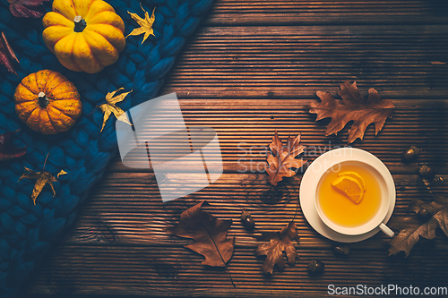 Image of Hot lemon tea for cold  season with warm  blanket, pumpkins and autumn leaves