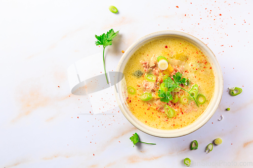 Image of Delicious homemade leek soup with minced meat and chili