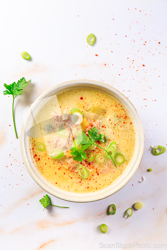Image of Delicious homemade leek soup with minced meat and chili