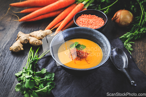 Image of Roasted pumpkin and carrot soup with  red lentils, ginger and ch