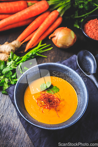 Image of Roasted pumpkin and carrot soup with  red lentils, ginger and chili