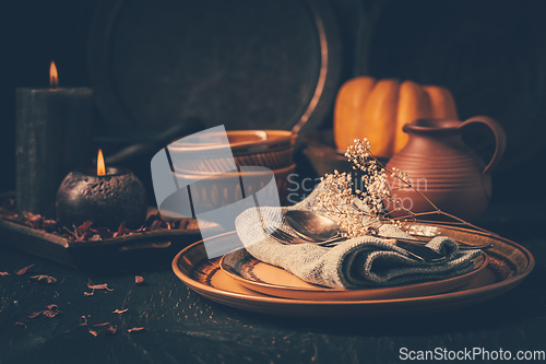 Image of Restaurant autumn table setting. Thanksgiving holiday Place sett