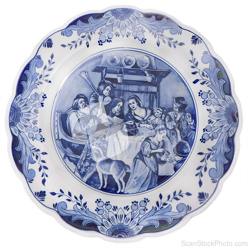 Image of Old vintage blue and white ceramic plate with Dutch motifs as a 