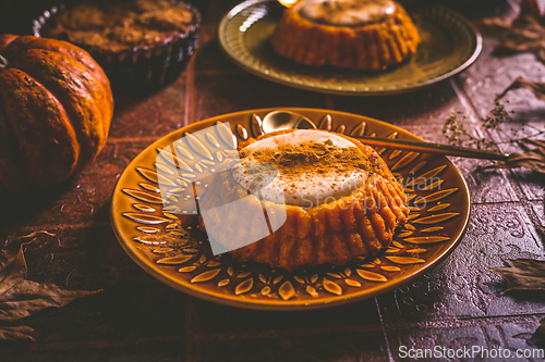 Image of Pumpkin mini pie, tartlet made for Thanksgiving day on old wooden background