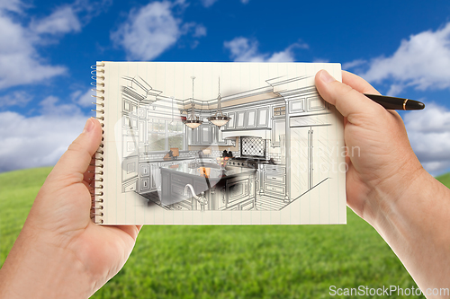 Image of Male Hands Holding Pen and Pad of Paper Up with Custom Kitchen I